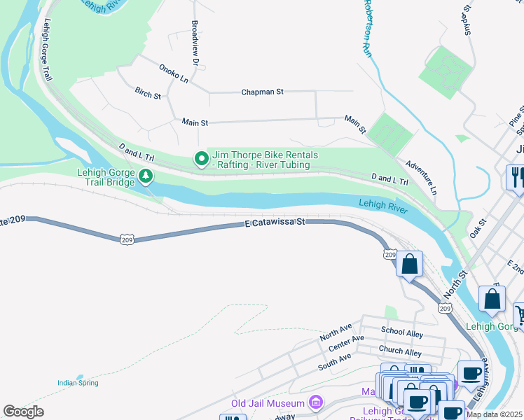 map of restaurants, bars, coffee shops, grocery stores, and more near South Lehigh Gorge Drive in Weatherly