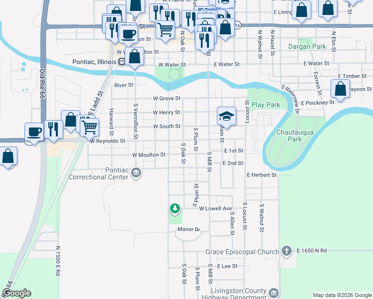 map of restaurants, bars, coffee shops, grocery stores, and more near 404 West Reynolds Street in Pontiac
