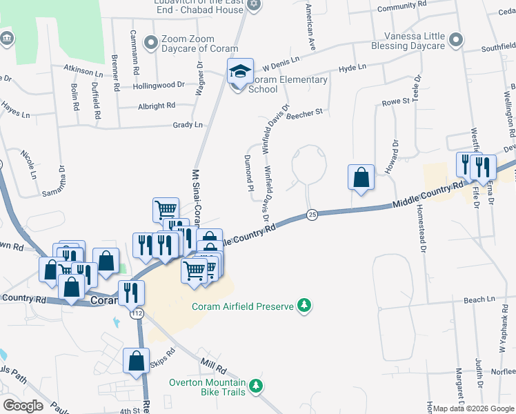 map of restaurants, bars, coffee shops, grocery stores, and more near 40 Winfield Davis Drive in Coram