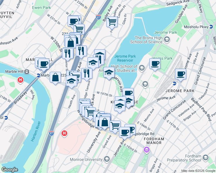 map of restaurants, bars, coffee shops, grocery stores, and more near 2856 Webb Avenue in Bronx