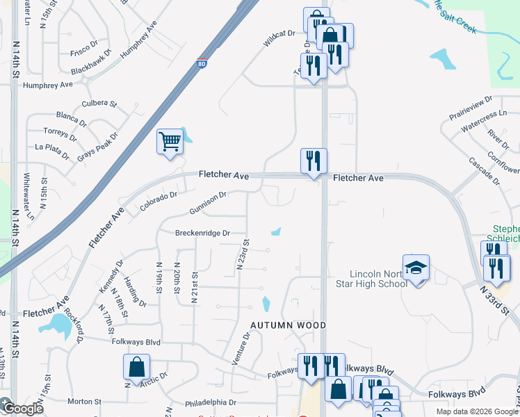 map of restaurants, bars, coffee shops, grocery stores, and more near 2357 Telluride Circle in Lincoln
