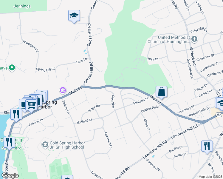 map of restaurants, bars, coffee shops, grocery stores, and more near 511 New York 25A in Cold Spring Harbor