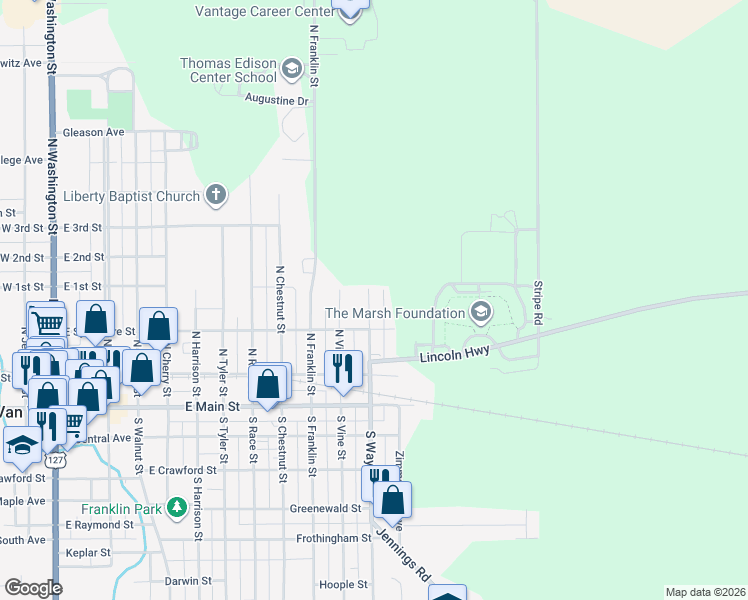 map of restaurants, bars, coffee shops, grocery stores, and more near 339 North Wayne Street in Van Wert