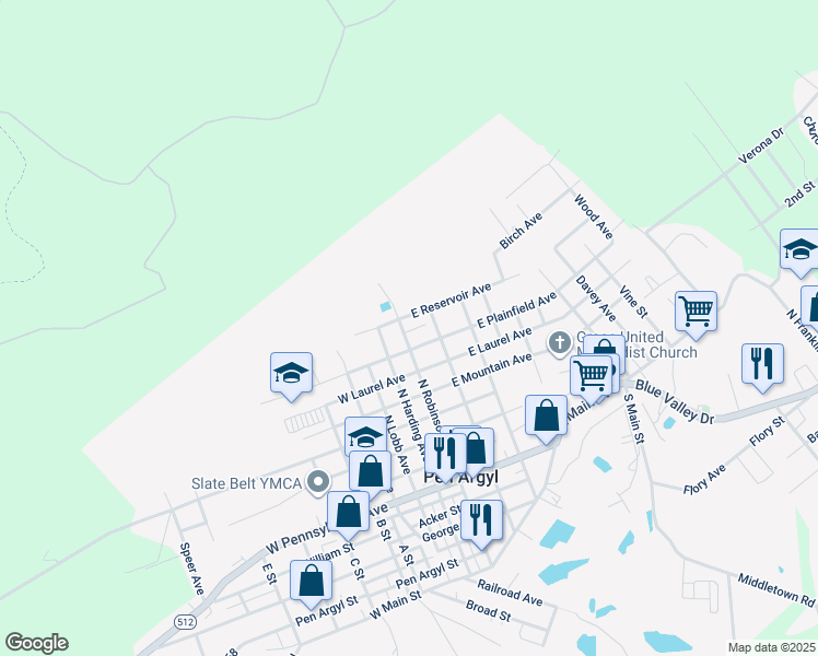 map of restaurants, bars, coffee shops, grocery stores, and more near 614 North Robinson Avenue in Pen Argyl