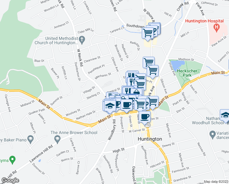map of restaurants, bars, coffee shops, grocery stores, and more near 24 Central Street in Huntington
