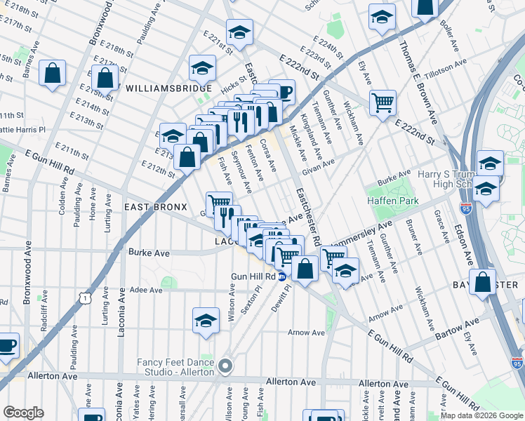 map of restaurants, bars, coffee shops, grocery stores, and more near 3232 Fenton Avenue in Bronx