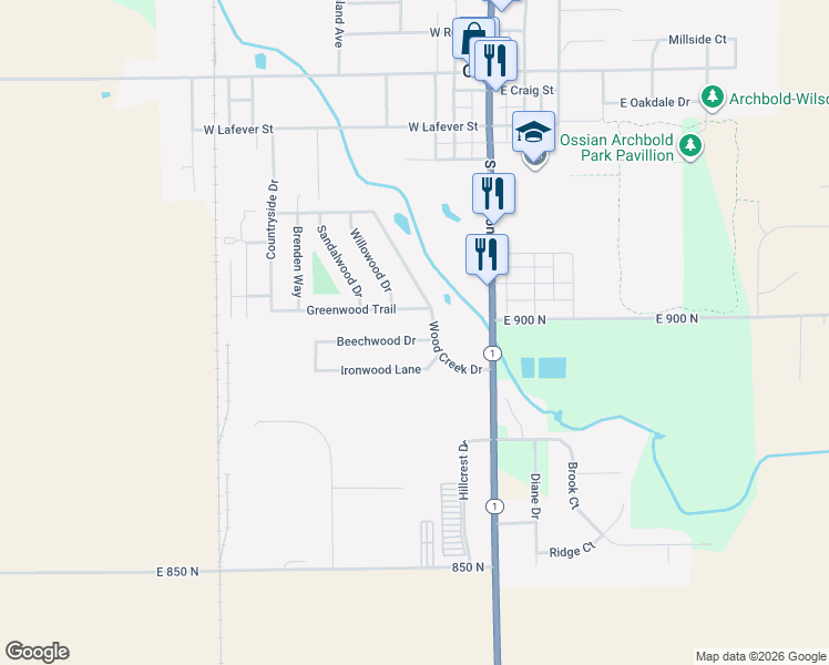 map of restaurants, bars, coffee shops, grocery stores, and more near 309 Greenwood Trail in Ossian