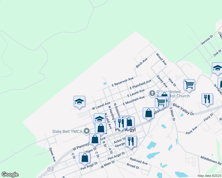 map of restaurants, bars, coffee shops, grocery stores, and more near 614 North Robinson Avenue in Pen Argyl