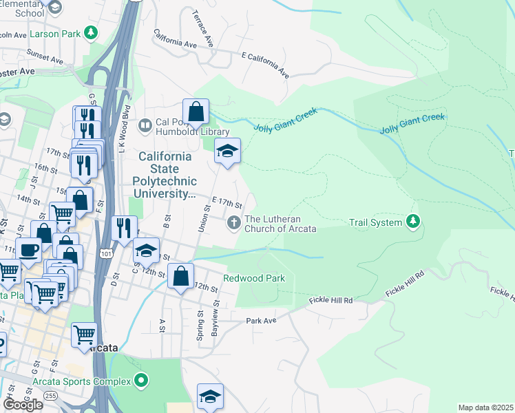 map of restaurants, bars, coffee shops, grocery stores, and more near 1799 Bayview Street in Arcata