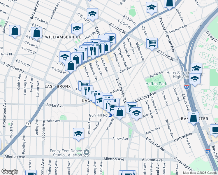 map of restaurants, bars, coffee shops, grocery stores, and more near 3232 Fenton Avenue in Bronx