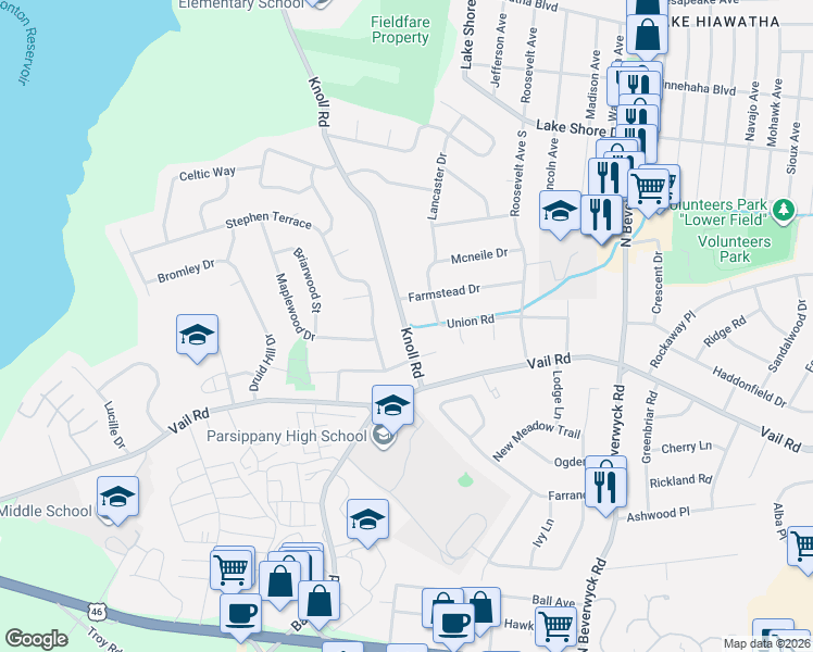 map of restaurants, bars, coffee shops, grocery stores, and more near 79 Knoll Road in Parsippany-Troy Hills