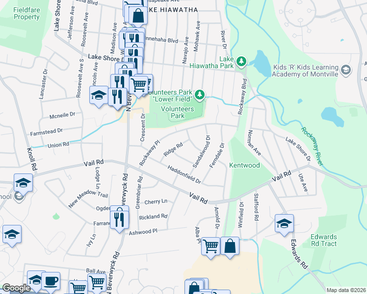 map of restaurants, bars, coffee shops, grocery stores, and more near 17 Ridge Road in Parsippany-Troy Hills