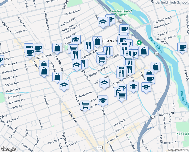 map of restaurants, bars, coffee shops, grocery stores, and more near 169 Lake Avenue in Clifton