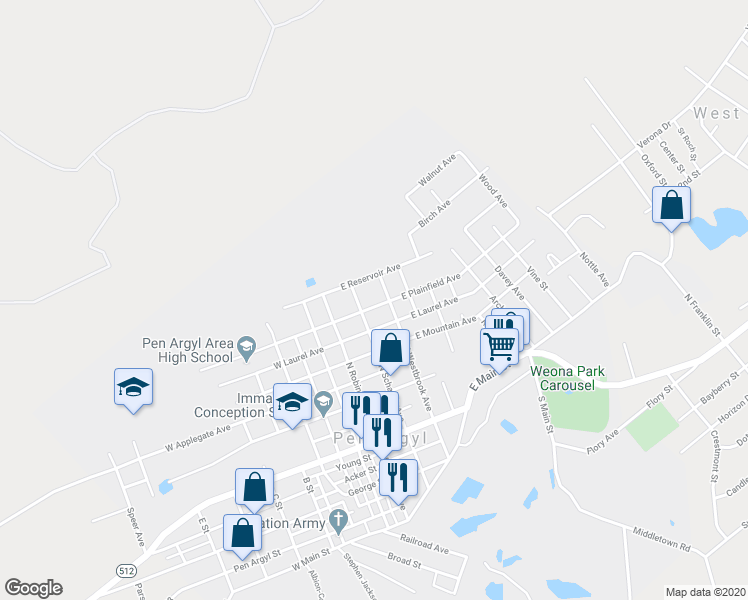 map of restaurants, bars, coffee shops, grocery stores, and more near 115 East Plainfield Avenue in Pen Argyl
