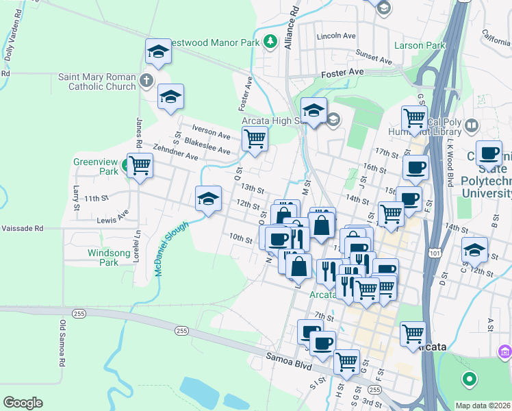 map of restaurants, bars, coffee shops, grocery stores, and more near in Arcata
