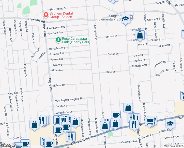 map of restaurants, bars, coffee shops, grocery stores, and more near 4 Alma Avenue in Selden