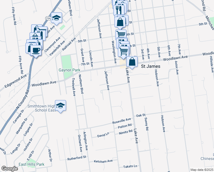 map of restaurants, bars, coffee shops, grocery stores, and more near 208 Jefferson Avenue in Saint James