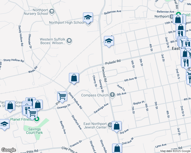 map of restaurants, bars, coffee shops, grocery stores, and more near 110 Franklin Avenue in East Northport