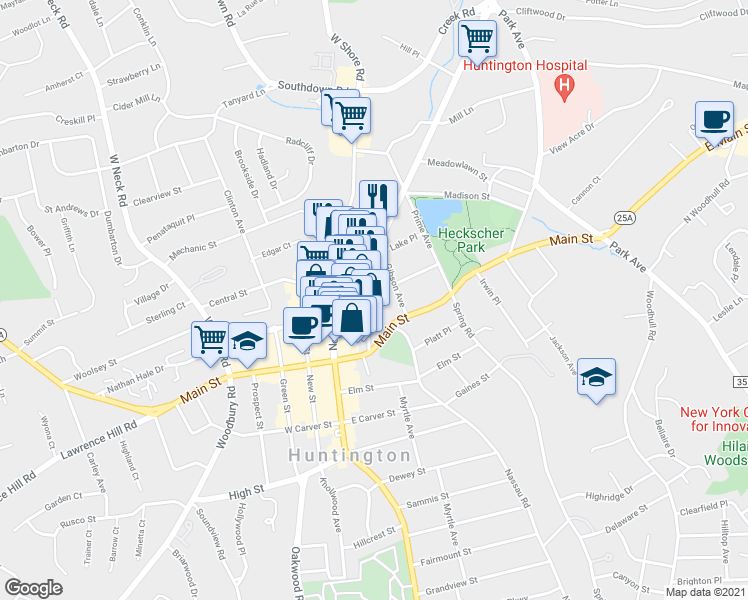 map of restaurants, bars, coffee shops, grocery stores, and more near 57 Stewart Avenue in Huntington