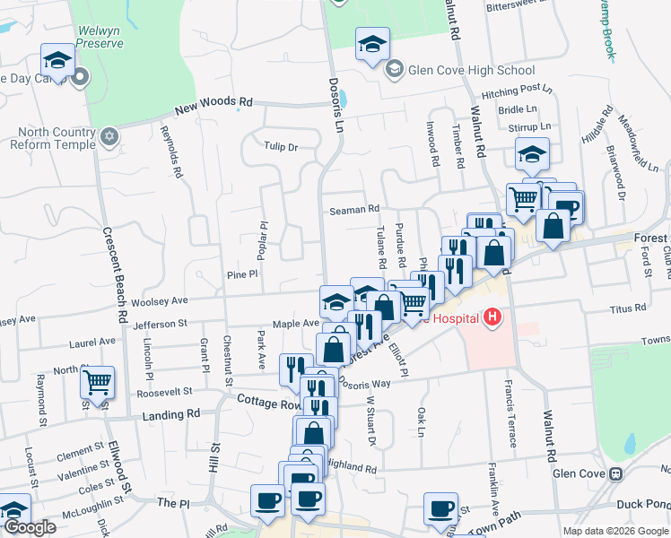 map of restaurants, bars, coffee shops, grocery stores, and more near 54 Dosoris Lane in Glen Cove