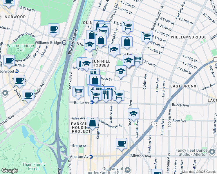 map of restaurants, bars, coffee shops, grocery stores, and more near 3325 Wallace Avenue in Bronx
