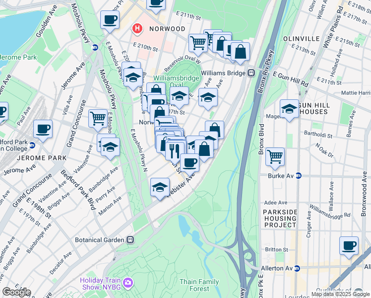 map of restaurants, bars, coffee shops, grocery stores, and more near in The Bronx