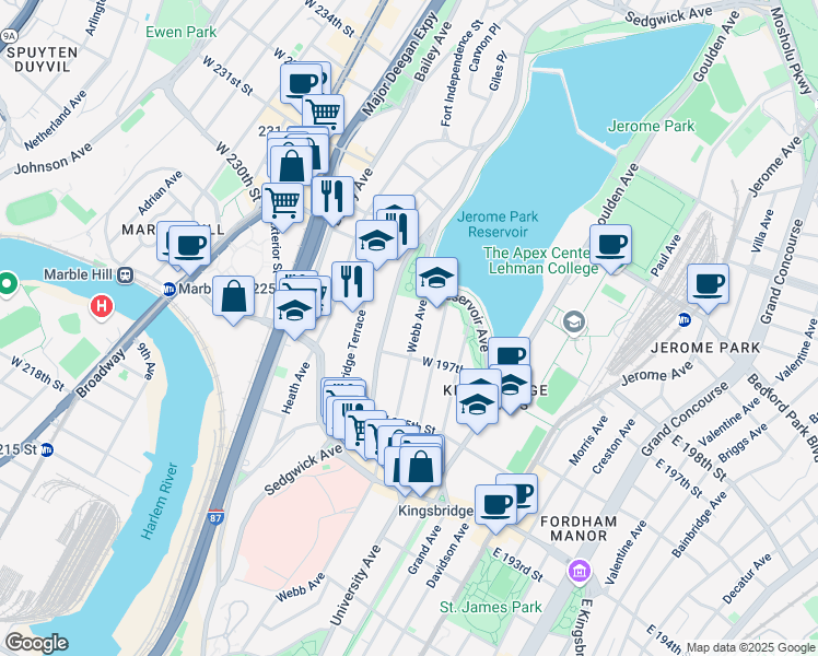 map of restaurants, bars, coffee shops, grocery stores, and more near 2856 Webb Avenue in Bronx