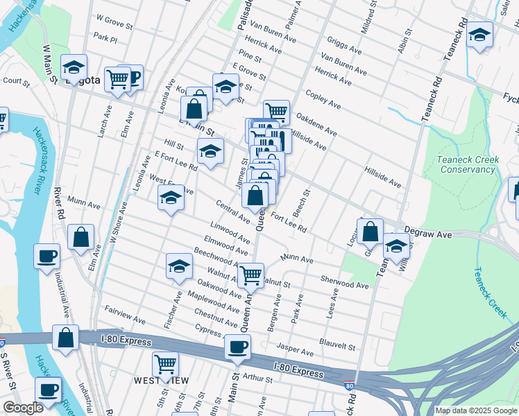map of restaurants, bars, coffee shops, grocery stores, and more near 98 East Fort Lee Road in Bogota