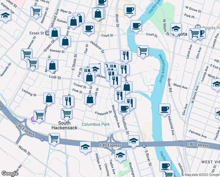 map of restaurants, bars, coffee shops, grocery stores, and more near 8 Lodi Street in Hackensack