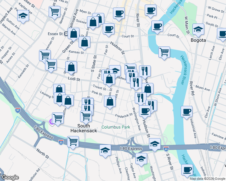 map of restaurants, bars, coffee shops, grocery stores, and more near 39 Lodi Street in Hackensack