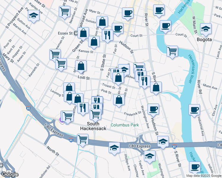 map of restaurants, bars, coffee shops, grocery stores, and more near 105 Troast Street in Hackensack