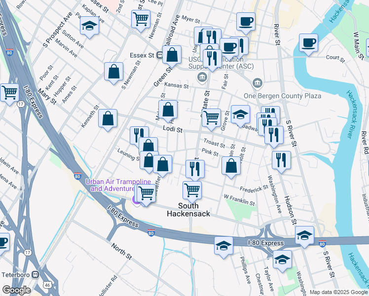 map of restaurants, bars, coffee shops, grocery stores, and more near 149-151 South State Street in Hackensack