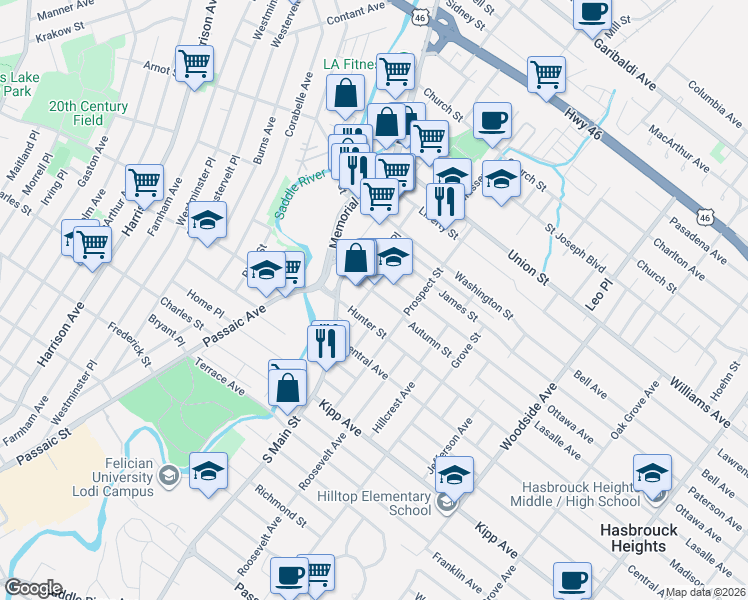 map of restaurants, bars, coffee shops, grocery stores, and more near 1 South Main Street in Lodi