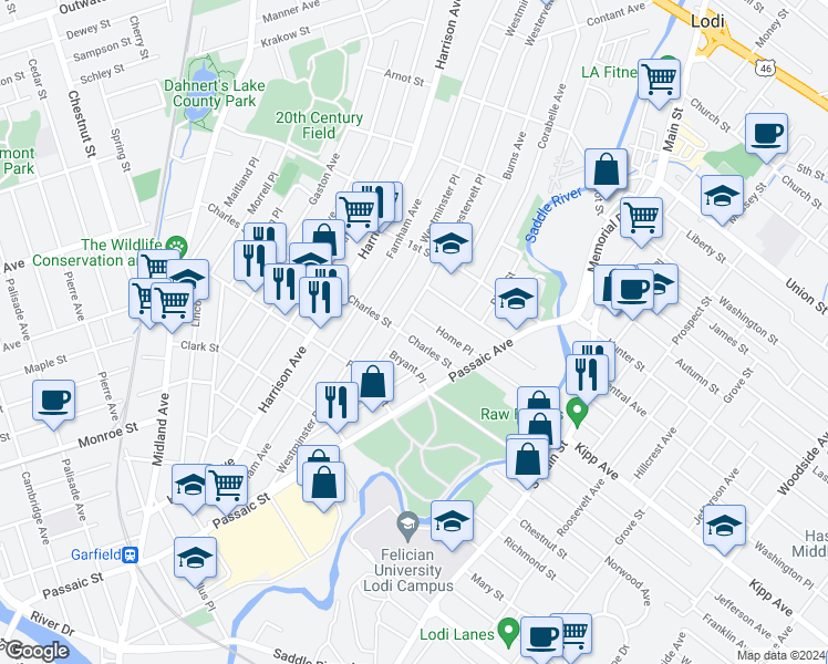 map of restaurants, bars, coffee shops, grocery stores, and more near 13 Home Place in Lodi