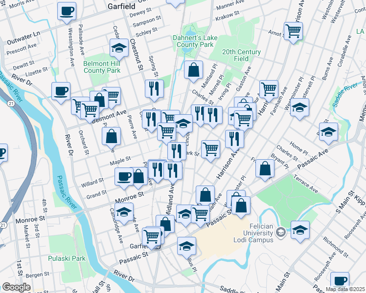 map of restaurants, bars, coffee shops, grocery stores, and more near 224 Lincoln Place in Garfield