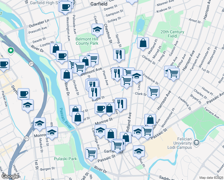 map of restaurants, bars, coffee shops, grocery stores, and more near 143 Pierre Avenue in Garfield