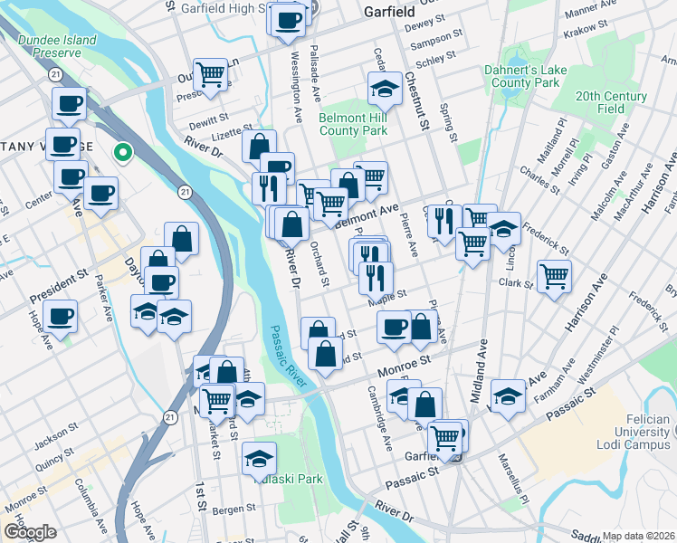 map of restaurants, bars, coffee shops, grocery stores, and more near 26 Wessington Avenue in Garfield