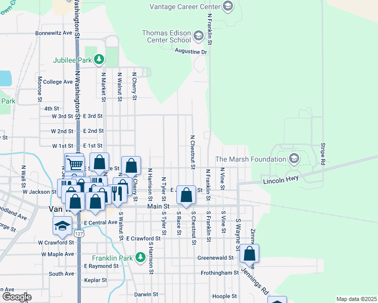 map of restaurants, bars, coffee shops, grocery stores, and more near 340 North Chestnut Street in Van Wert