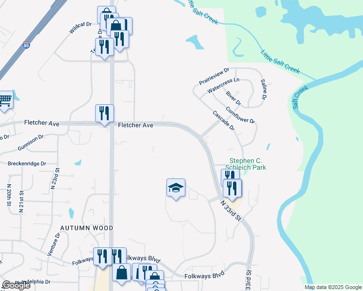 map of restaurants, bars, coffee shops, grocery stores, and more near 3001 Fletcher Avenue in Lincoln