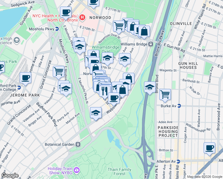 map of restaurants, bars, coffee shops, grocery stores, and more near in The Bronx
