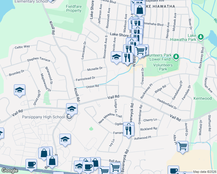 map of restaurants, bars, coffee shops, grocery stores, and more near 6 Union Road in Parsippany-Troy Hills