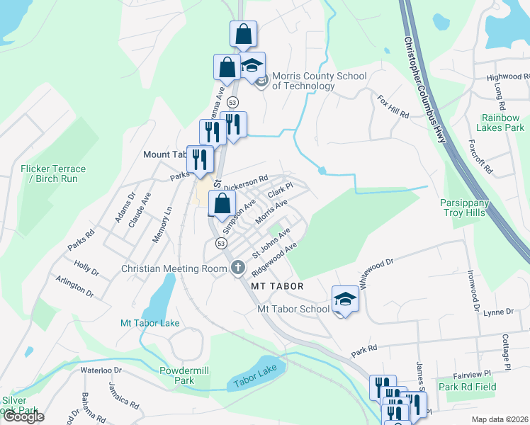 map of restaurants, bars, coffee shops, grocery stores, and more near 35 Whitfield Place in Parsippany-Troy Hills