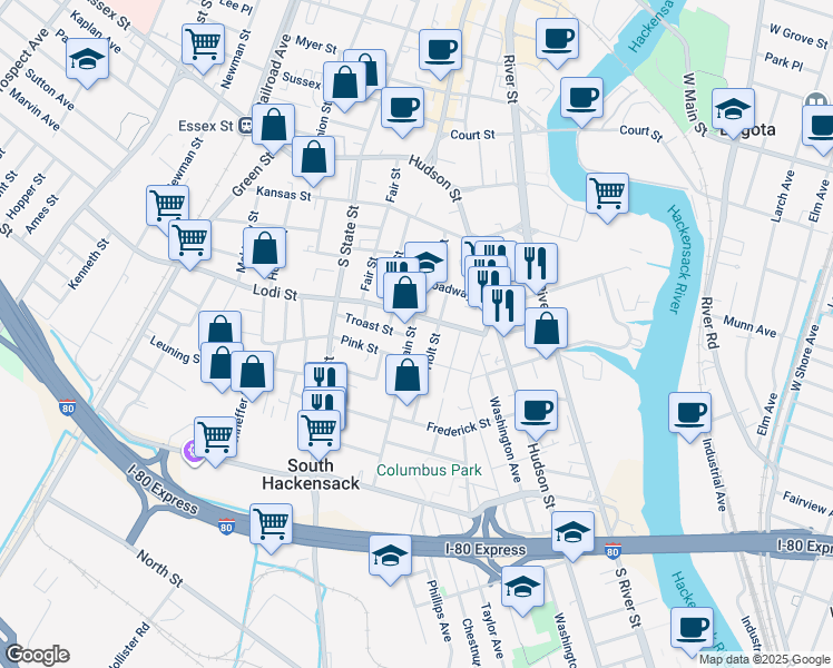 map of restaurants, bars, coffee shops, grocery stores, and more near 74 Troast Street in Hackensack