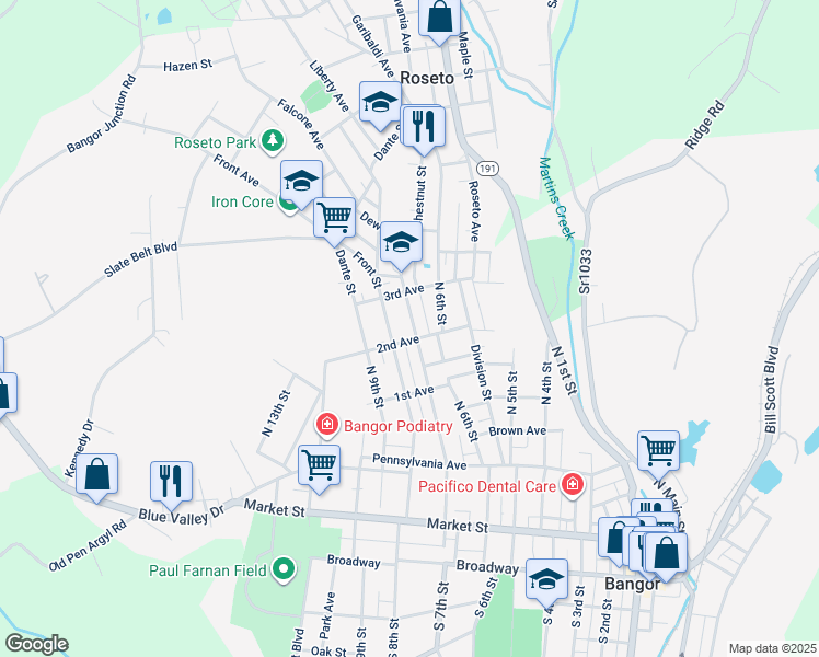 map of restaurants, bars, coffee shops, grocery stores, and more near 516 North 7th Street in Bangor