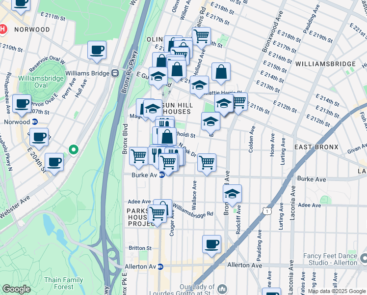 map of restaurants, bars, coffee shops, grocery stores, and more near 725 North Oak Drive in Bronx
