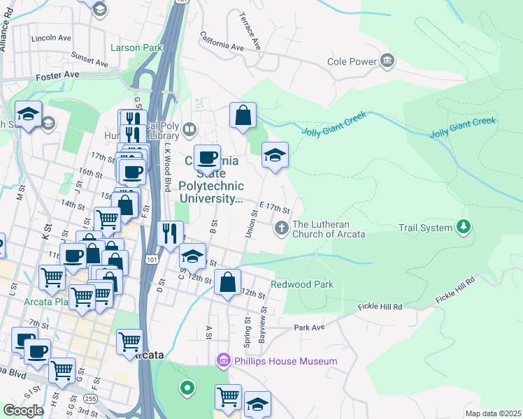 map of restaurants, bars, coffee shops, grocery stores, and more near 39 East 17th Street in Arcata