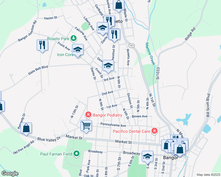 map of restaurants, bars, coffee shops, grocery stores, and more near 516 North 7th Street in Bangor