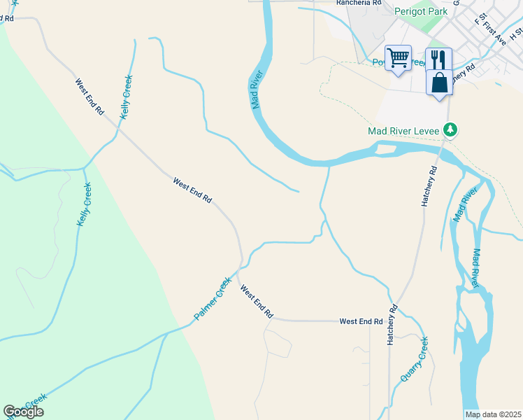map of restaurants, bars, coffee shops, grocery stores, and more near 13712 West End Road in Arcata