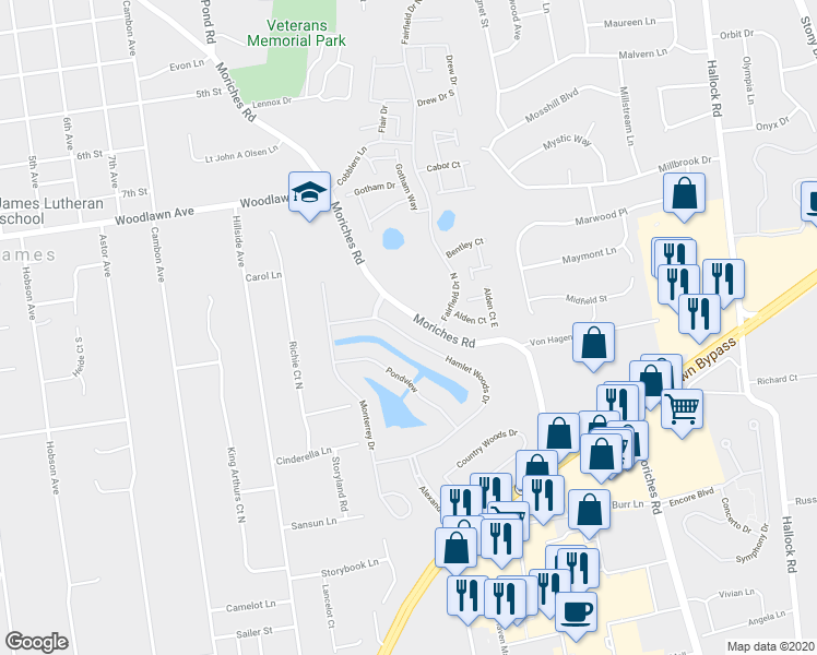 map of restaurants, bars, coffee shops, grocery stores, and more near 53 Hamlet Woods Drive in Saint James
