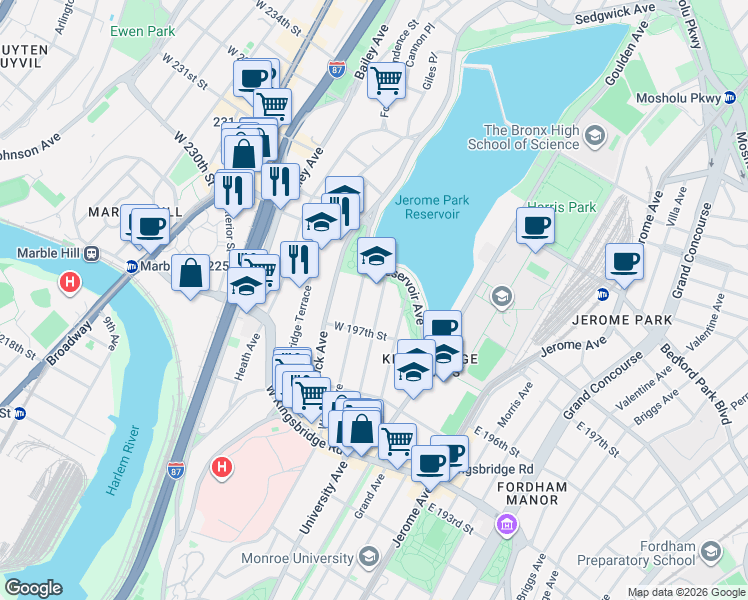 map of restaurants, bars, coffee shops, grocery stores, and more near 2856 Webb Avenue in Bronx